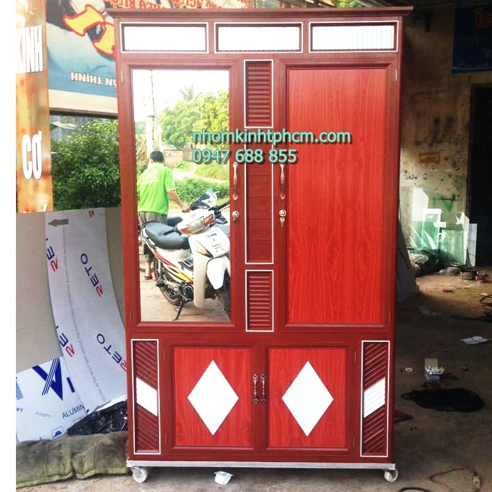 xưởng sản xuất tủ quần áo nhôm giả gỗ đẹp Tủ áo nhôm kính mini nhỏ gọn
