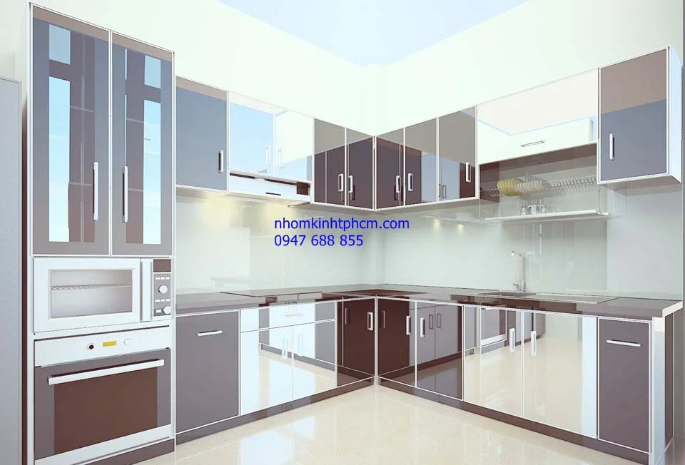 Tủ bếp khung nhôm ốp kính màu Tủ bếp khung nhôm ốp kính màu