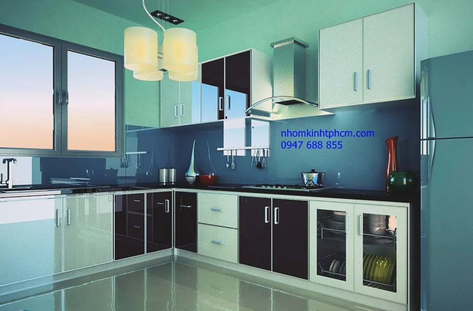 báo giá gạch ốp tường bếp thiết kế tủ bếp bằng nhôm kính